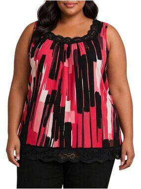 New Directions Plus Size 2X Top Pink Black Abstract Sleeveless Lace Trim